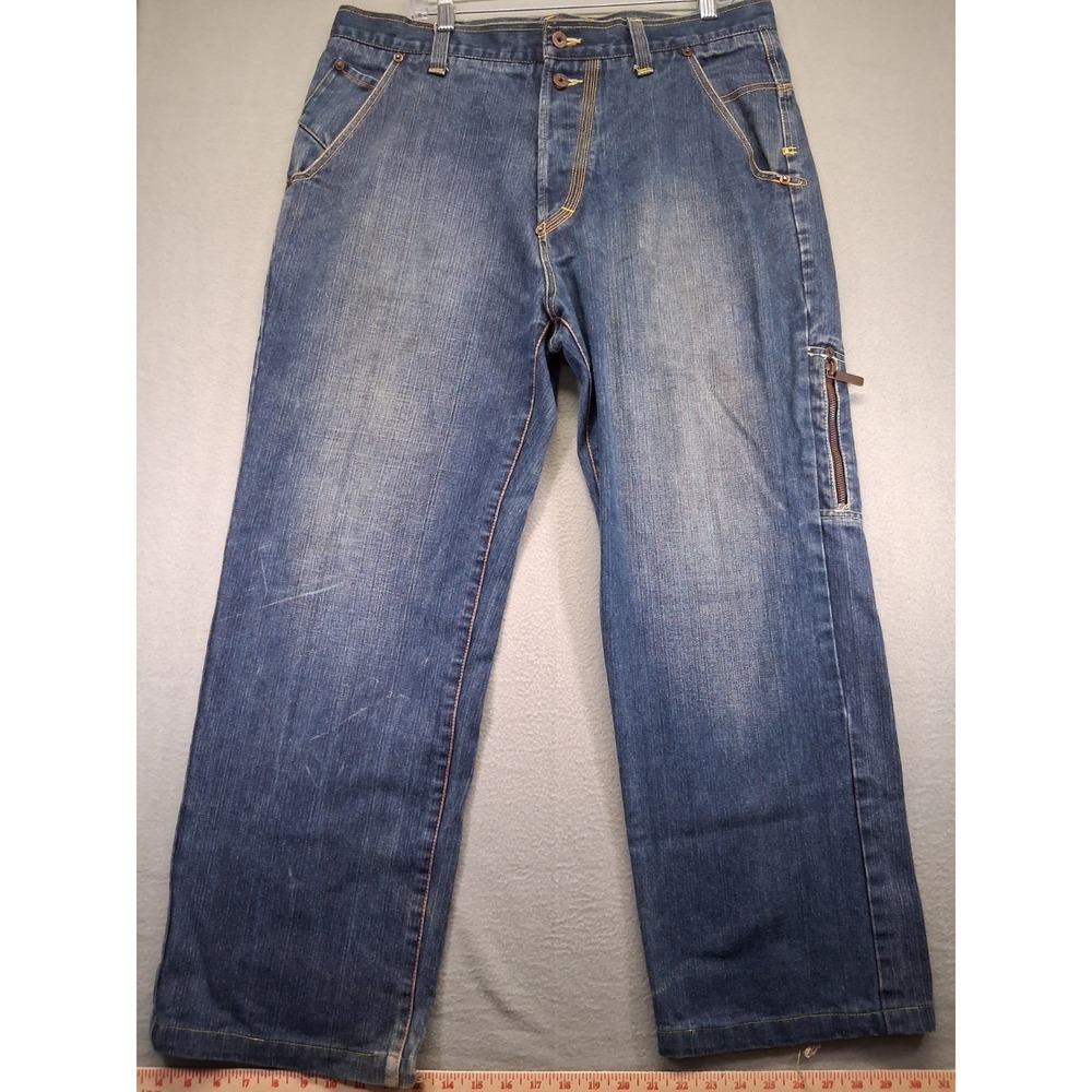 Gino Green Global Men Dark Wash Patched Embroidered Denim Jean Y2K Jeans Size 36
